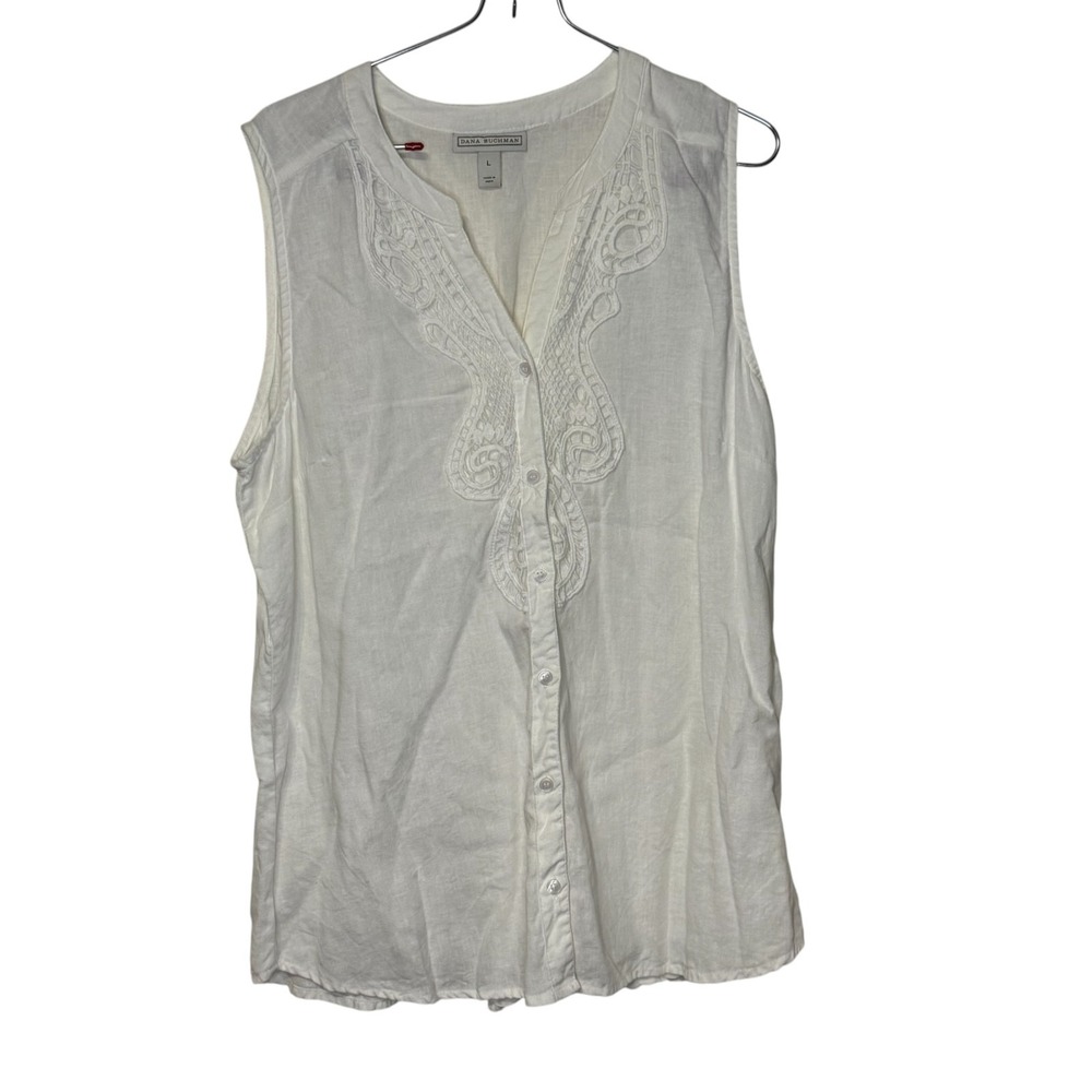 Dana Buchman Womens Embroidered Button Up Sleeveless V-Neck White Linen Top L